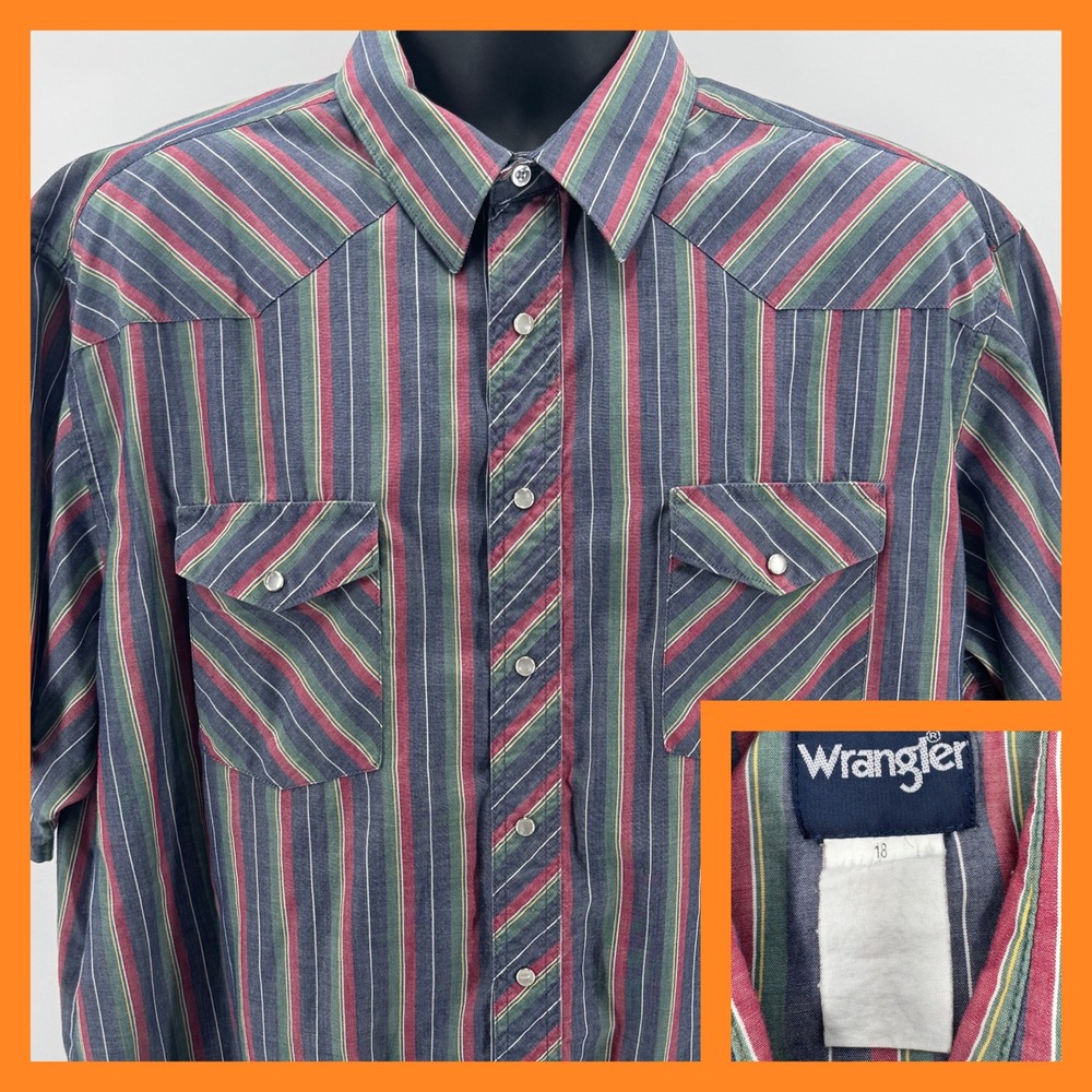 Vintage Wrangler Mens Striped‎ Western Shirt Short Sleeve Pearl Snap Front Sz 18